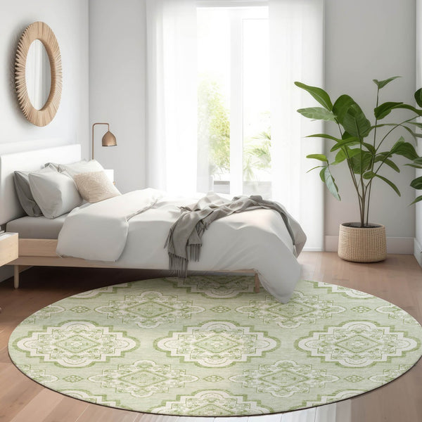 HomeRoots 8' Artichoke Green Medallion Washable Round Rug with UV Protection - Stylish & Durable for Any Space 669832
