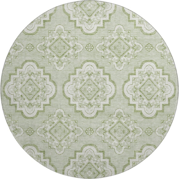 HomeRoots 8' Artichoke Green Medallion Washable Round Rug with UV Protection - Stylish & Durable for Any Space 669832