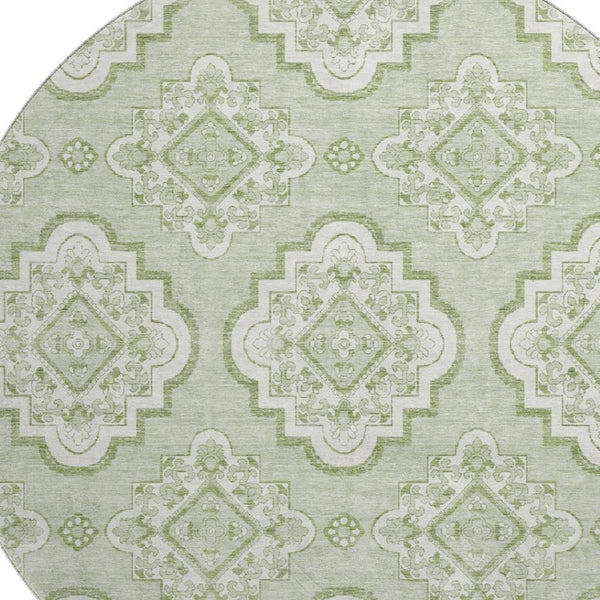 HomeRoots 8' Artichoke Green Medallion Washable Round Rug with UV Protection - Stylish & Durable for Any Space 669832