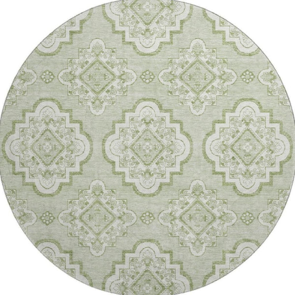 HomeRoots 8' Artichoke Green Medallion Washable Round Rug with UV Protection - Stylish & Durable for Any Space 669832