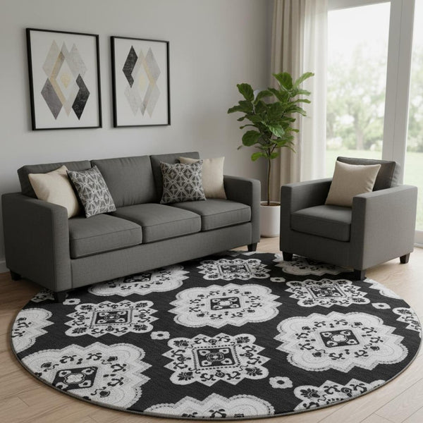 HomeRoots 8' Black And Ivory Medallion Round Rug – Stylish, Washable, UV-Protected for High Traffic Areas 669838