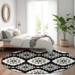 HomeRoots 8' Black And Ivory Medallion Round Rug – Stylish, Washable, UV-Protected for High Traffic Areas 669838