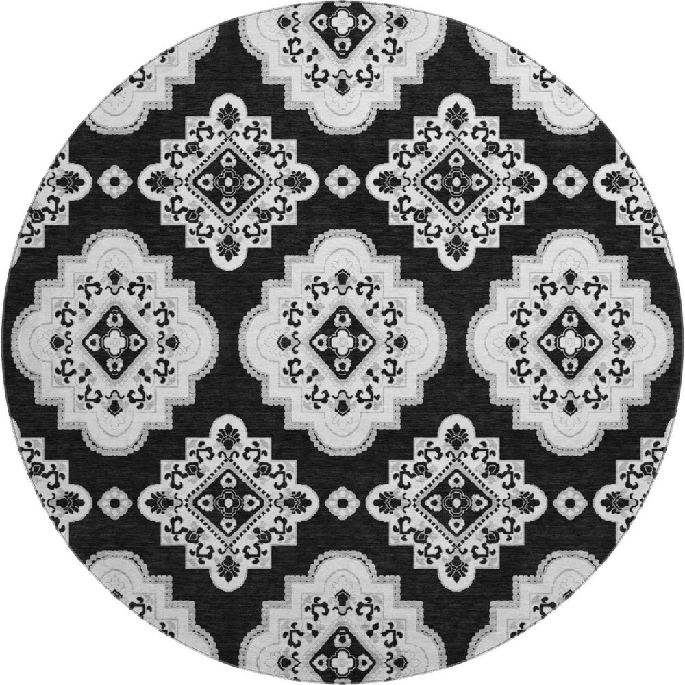HomeRoots 8' Black And Ivory Medallion Round Rug – Stylish, Washable, UV-Protected for High Traffic Areas 669838