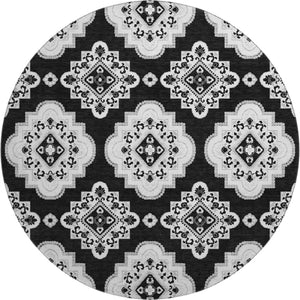 HomeRoots 8' Black And Ivory Medallion Round Rug – Stylish, Washable, UV-Protected for High Traffic Areas 669838