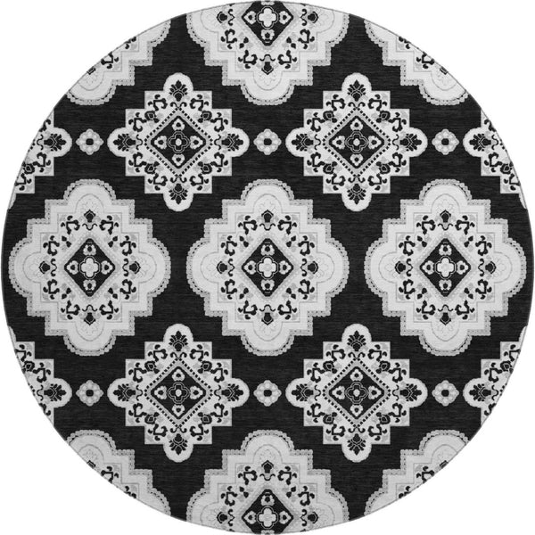 HomeRoots 8' Black And Ivory Medallion Round Rug – Stylish, Washable, UV-Protected for High Traffic Areas 669838