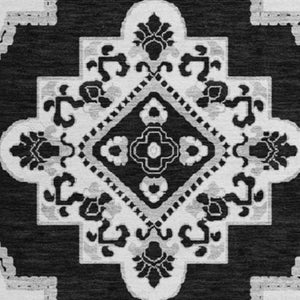 HomeRoots 8' Black And Ivory Medallion Round Rug – Stylish, Washable, UV-Protected for High Traffic Areas 669838