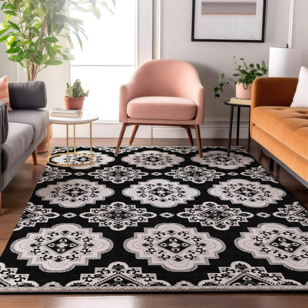 HomeRoots 9' X 12' Black and Ivory Medallion Area Rug – Washable, UV Protected & Ideal for Busy Homes! 669840