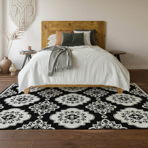 HomeRoots 9' X 12' Black and Ivory Medallion Area Rug – Washable, UV Protected & Ideal for Busy Homes! 669840