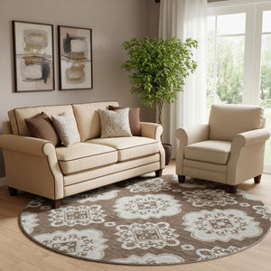 HomeRoots 8' Washable Brown and Beige Medallion Round Rug with UV Protection for Stylish Comfort Anywhere 669844