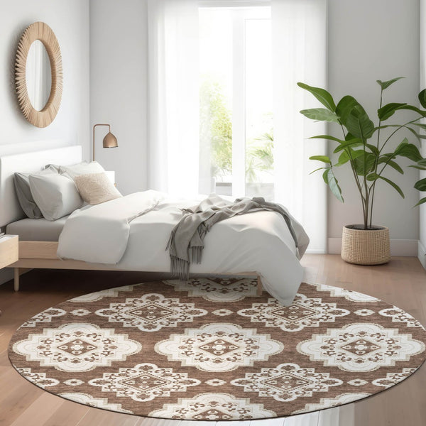 HomeRoots 8' Washable Brown and Beige Medallion Round Rug with UV Protection for Stylish Comfort Anywhere 669844