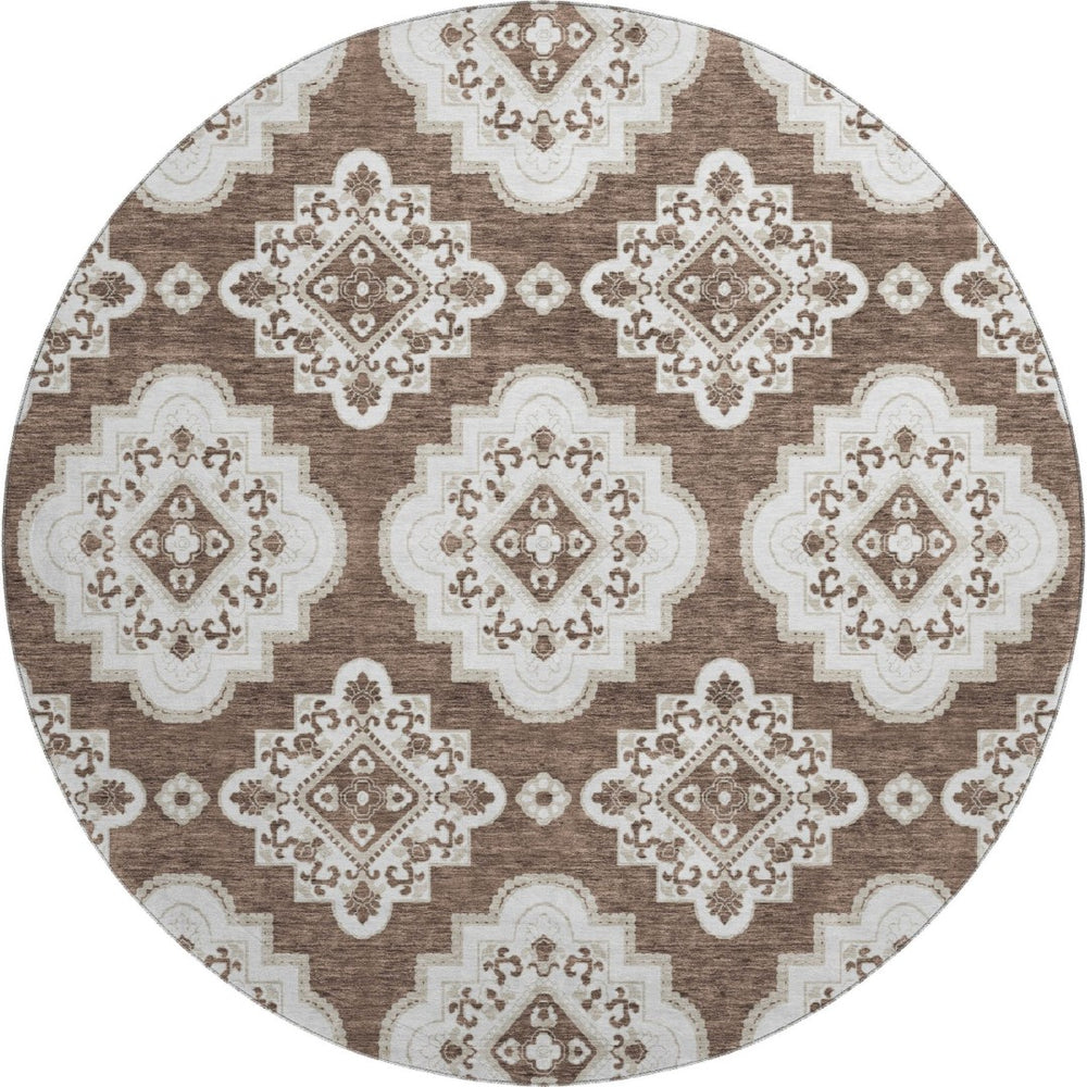HomeRoots 8' Washable Brown and Beige Medallion Round Rug with UV Protection for Stylish Comfort Anywhere 669844