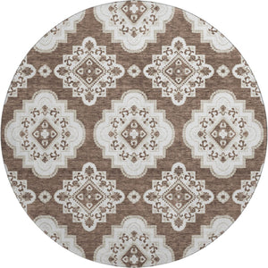 HomeRoots 8' Washable Brown and Beige Medallion Round Rug with UV Protection for Stylish Comfort Anywhere 669844
