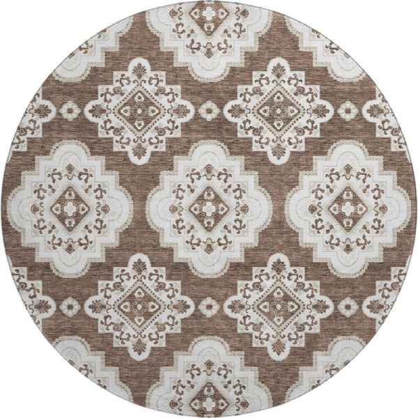 HomeRoots 8' Washable Brown and Beige Medallion Round Rug with UV Protection for Stylish Comfort Anywhere 669844