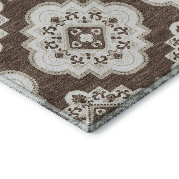 HomeRoots 8' Washable Brown and Beige Medallion Round Rug with UV Protection for Stylish Comfort Anywhere 669844