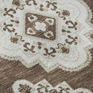 HomeRoots 8' Washable Brown and Beige Medallion Round Rug with UV Protection for Stylish Comfort Anywhere 669844