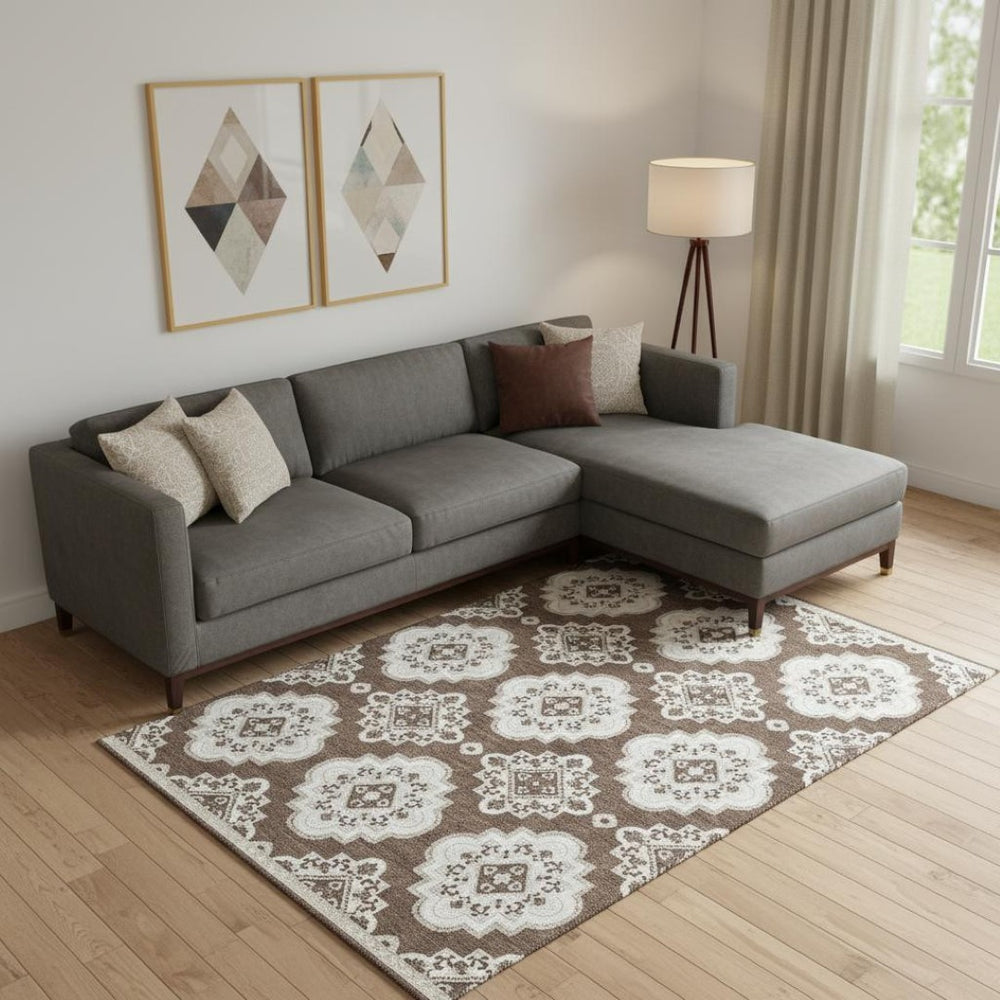 HomeRoots 8' X 10' Brown and Beige Medallion Washable Area Rug with UV Protection for Homes with Kids & Pets 669845