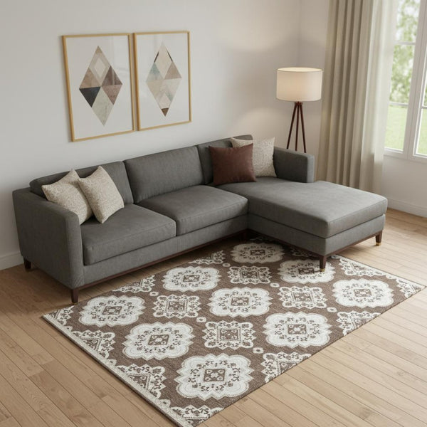 HomeRoots 8' X 10' Brown and Beige Medallion Washable Area Rug with UV Protection for Homes with Kids & Pets 669845
