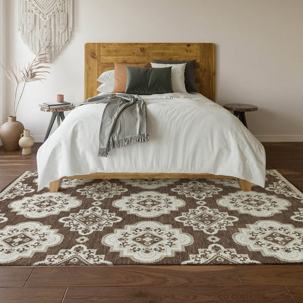 HomeRoots 8' X 10' Brown and Beige Medallion Washable Area Rug with UV Protection for Homes with Kids & Pets 669845