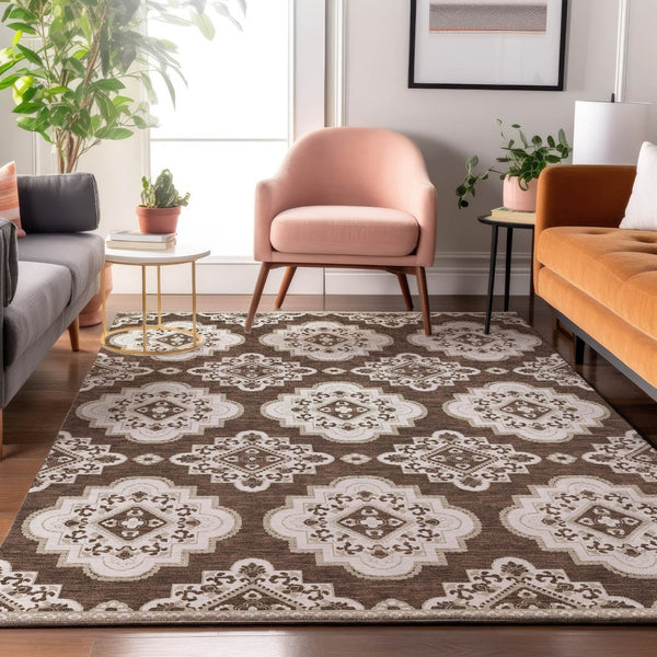 HomeRoots 10' Brown and Beige Medallion Area Rug – Washable, UV Protected, Stylish for Any Room Decor! 669847
