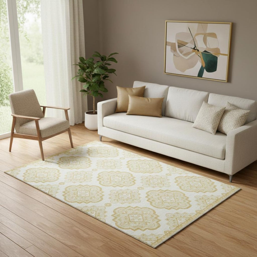 HomeRoots 5' X 8' Gold Medallion Area Rug – Elegant Design, Washable, UV Protection for Busy Homes & Kids 669849