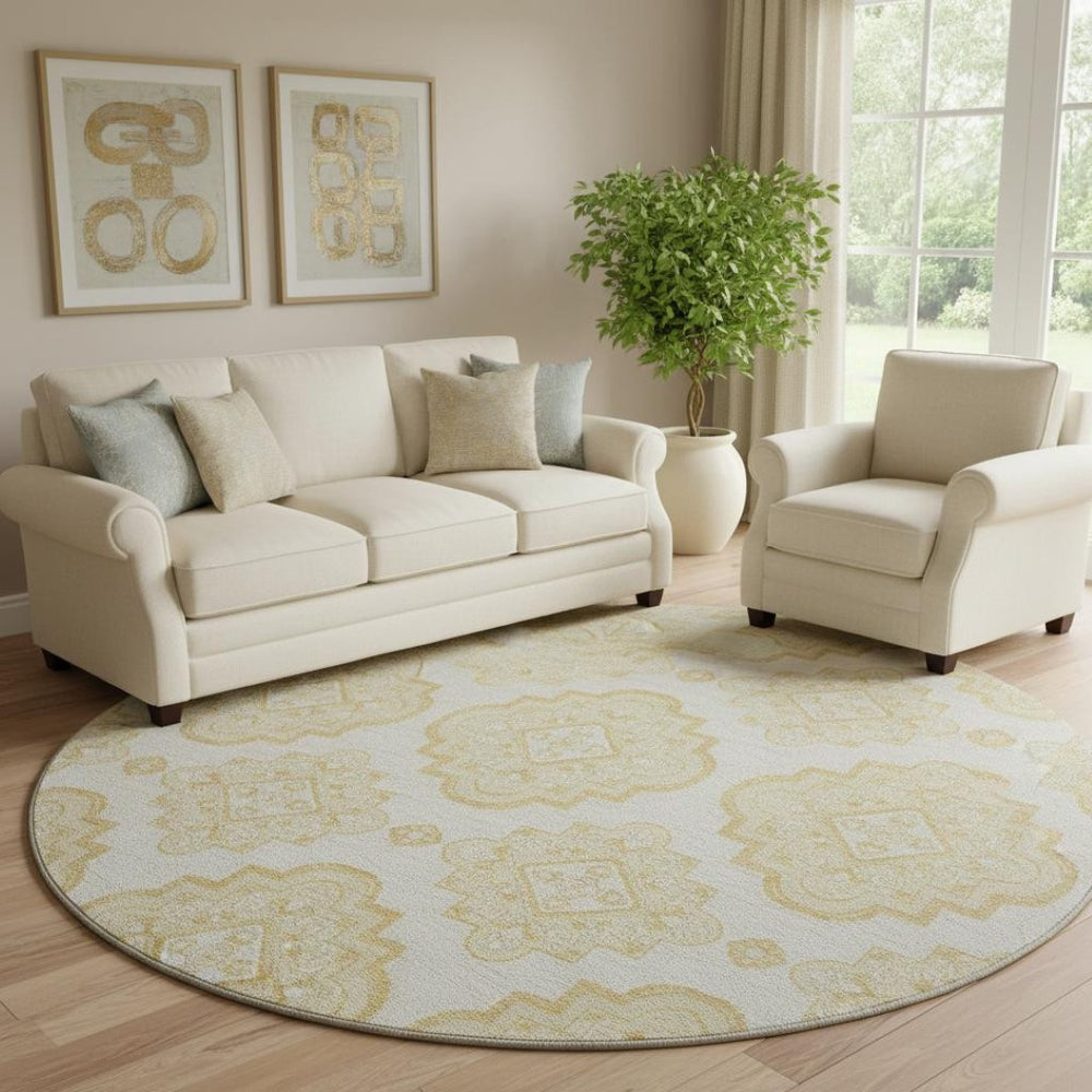 HomeRoots 8' Gold and Ivory Medallion Round Rug – Washable, UV-Protected, Stylish for High-Traffic Areas 669850
