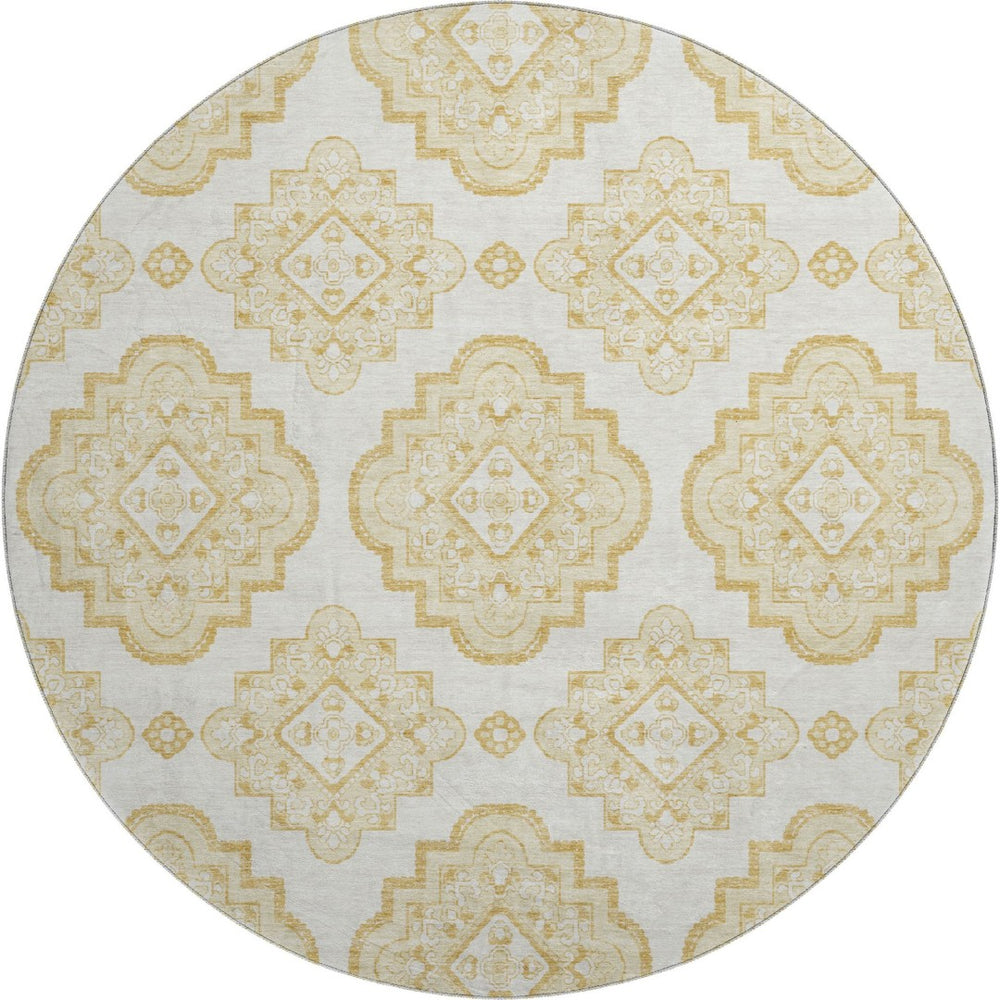 HomeRoots 8' Gold and Ivory Medallion Round Rug – Washable, UV-Protected, Stylish for High-Traffic Areas 669850