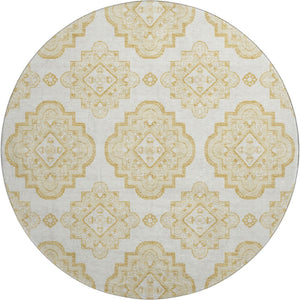 HomeRoots 8' Gold and Ivory Medallion Round Rug – Washable, UV-Protected, Stylish for High-Traffic Areas 669850