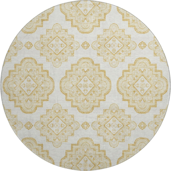 HomeRoots 8' Gold and Ivory Medallion Round Rug – Washable, UV-Protected, Stylish for High-Traffic Areas 669850