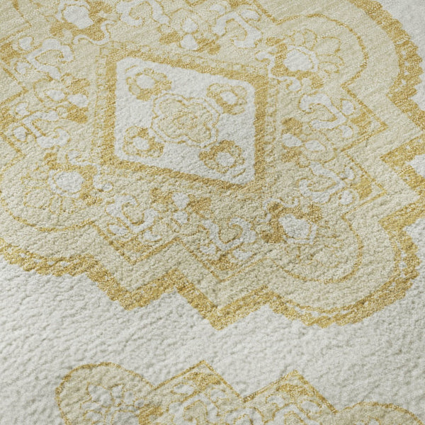 HomeRoots 8' Gold and Ivory Medallion Round Rug – Washable, UV-Protected, Stylish for High-Traffic Areas 669850