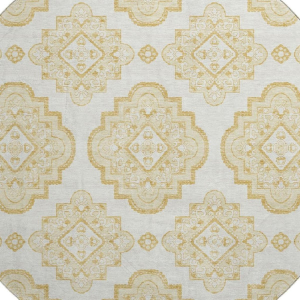 HomeRoots 8' Gold and Ivory Medallion Round Rug – Washable, UV-Protected, Stylish for High-Traffic Areas 669850