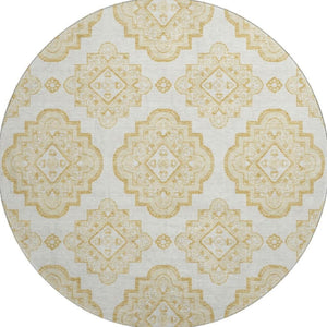 HomeRoots 8' Gold and Ivory Medallion Round Rug – Washable, UV-Protected, Stylish for High-Traffic Areas 669850