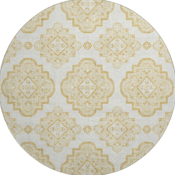 HomeRoots 8' Gold and Ivory Medallion Round Rug – Washable, UV-Protected, Stylish for High-Traffic Areas 669850