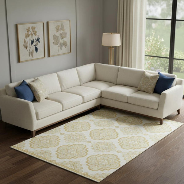 HomeRoots 8' X 10' Gold and Ivory Medallion Area Rug – Washable, UV-Protected, Durable for High-Traffic Spaces 669851