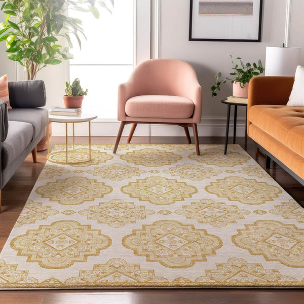 HomeRoots 8' X 10' Gold and Ivory Medallion Area Rug – Washable, UV-Protected, Durable for High-Traffic Spaces 669851