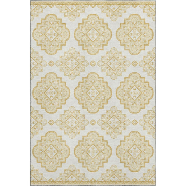 HomeRoots 8' X 10' Gold and Ivory Medallion Area Rug – Washable, UV-Protected, Durable for High-Traffic Spaces 669851