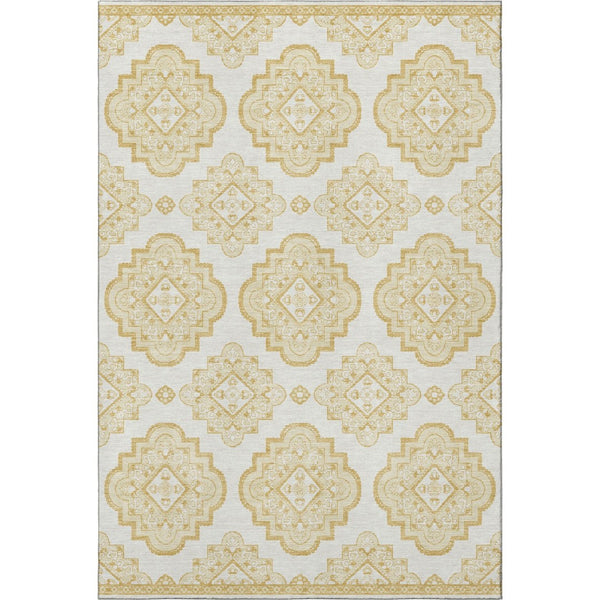 HomeRoots 8' X 10' Gold and Ivory Medallion Area Rug – Washable, UV-Protected, Durable for High-Traffic Spaces 669851