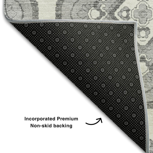 HomeRoots 5' X 8' Gray and Ivory Medallion Area Rug - Washable, UV Protected, Stain-Resistant, Durable Design 669855