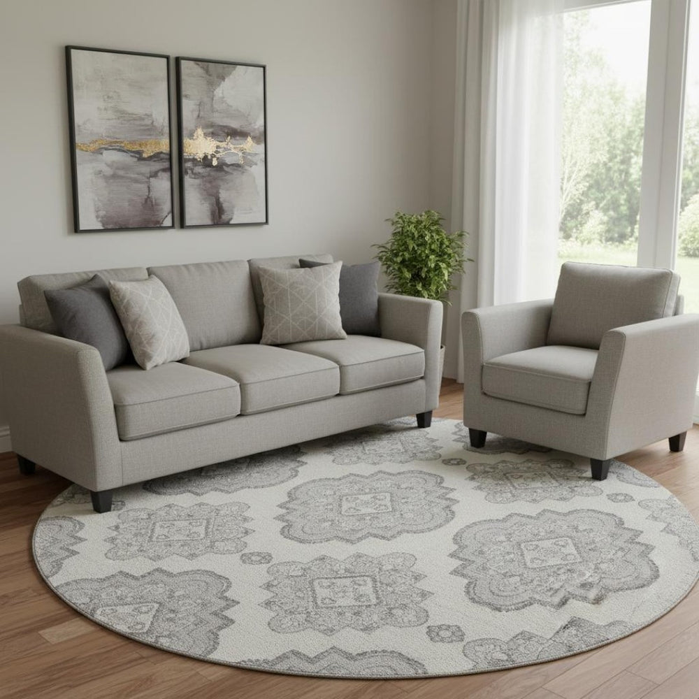 HomeRoots 8' Gray and Ivory Medallion Round Rug – Washable, UV Protected, Durable for Busy Homes & Stylish Décor 669856