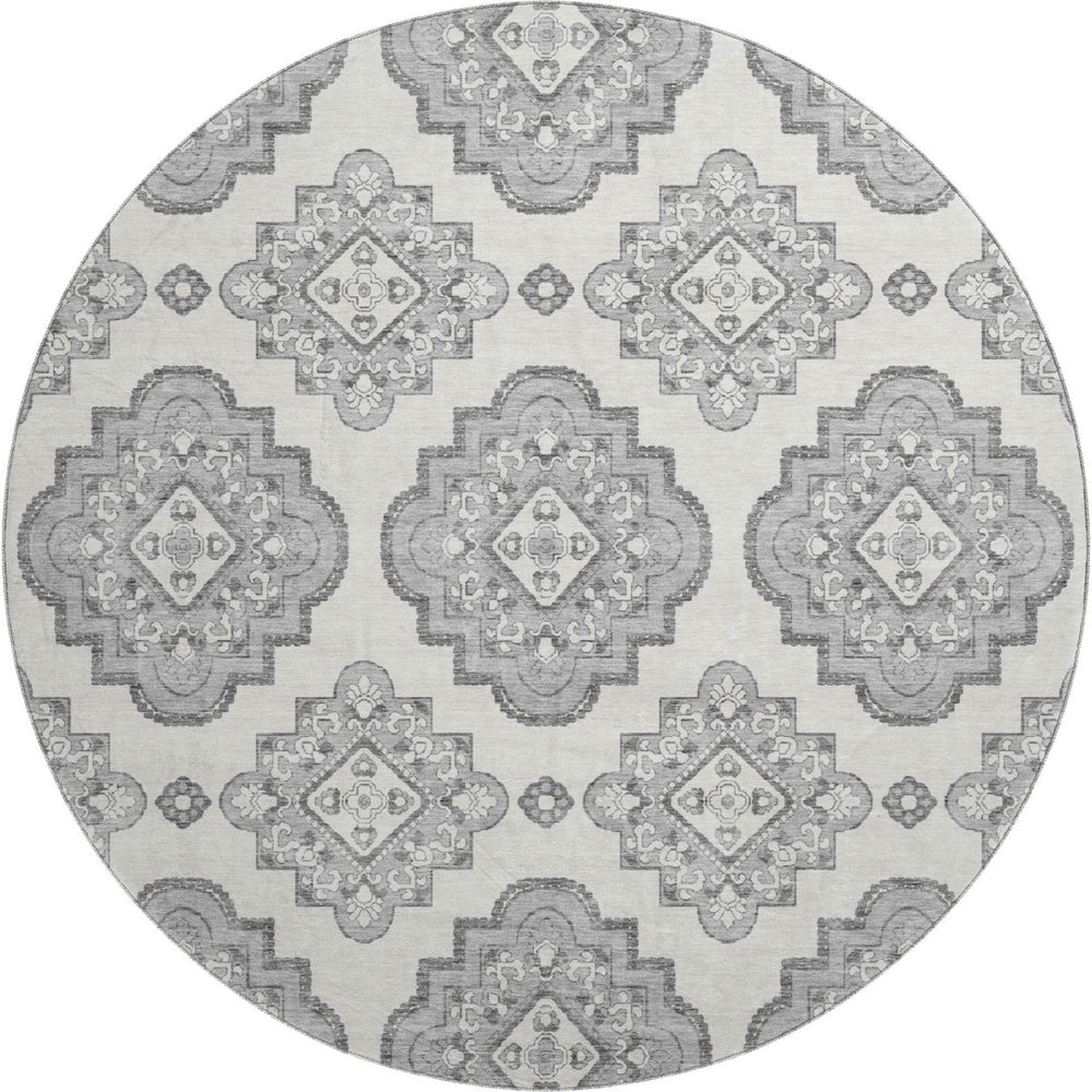 HomeRoots 8' Gray and Ivory Medallion Round Rug – Washable, UV Protected, Durable for Busy Homes & Stylish Décor 669856