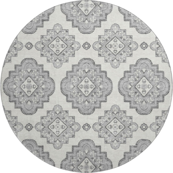 HomeRoots 8' Gray and Ivory Medallion Round Rug – Washable, UV Protected, Durable for Busy Homes & Stylish Décor 669856