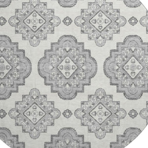 HomeRoots 8' Gray and Ivory Medallion Round Rug – Washable, UV Protected, Durable for Busy Homes & Stylish Décor 669856