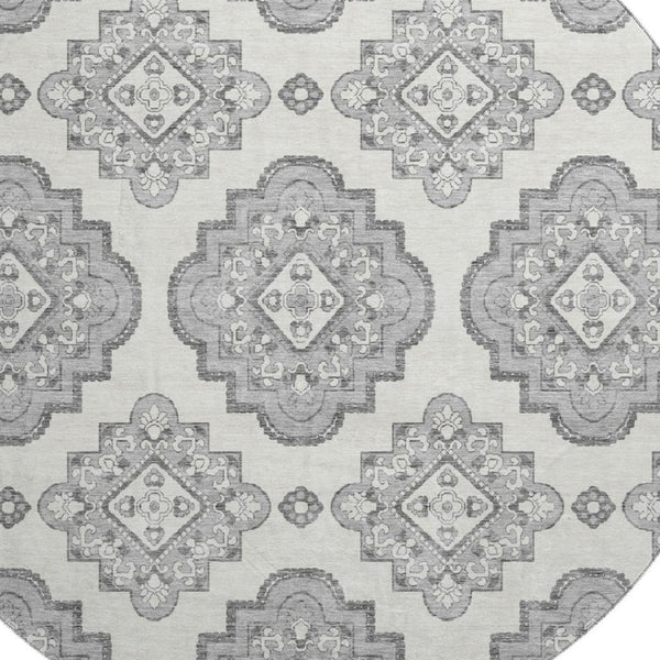 HomeRoots 8' Gray and Ivory Medallion Round Rug – Washable, UV Protected, Durable for Busy Homes & Stylish Décor 669856