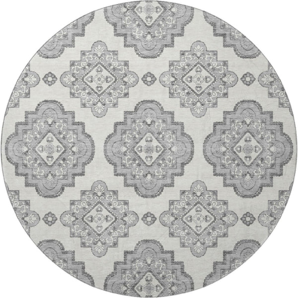 HomeRoots 8' Gray and Ivory Medallion Round Rug – Washable, UV Protected, Durable for Busy Homes & Stylish Décor 669856