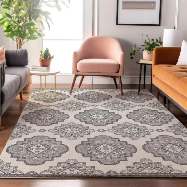 HomeRoots 10' X 14' Gray Medallion Washable Area Rug with UV Protection for High-Traffic Spaces & Easy Care 669859