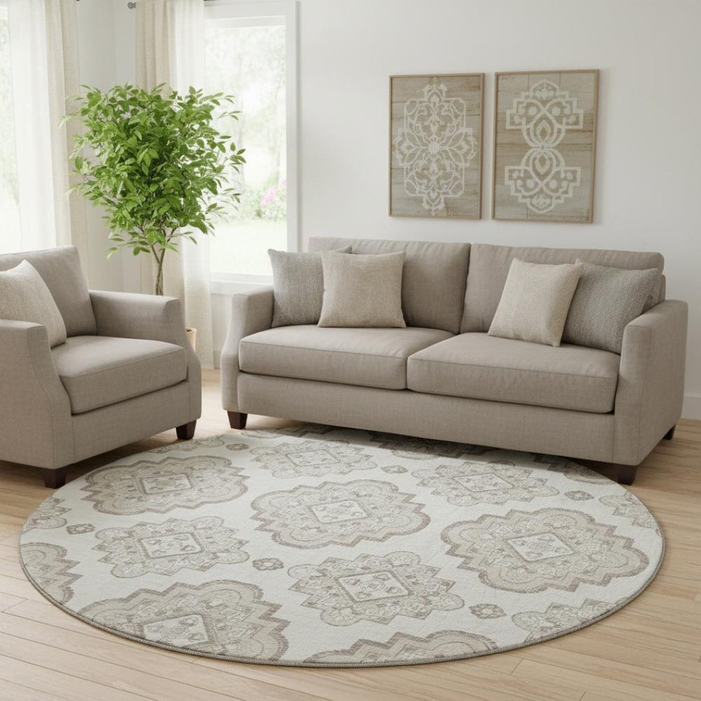 HomeRoots 8' Ivory and Beige Medallion Round Rug - Washable, UV Resistant, Family-Friendly, Stylish Design 669862