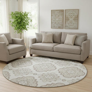 HomeRoots 8' Ivory and Beige Medallion Round Rug - Washable, UV Resistant, Family-Friendly, Stylish Design 669862