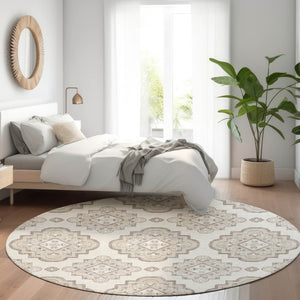 HomeRoots 8' Ivory and Beige Medallion Round Rug - Washable, UV Resistant, Family-Friendly, Stylish Design 669862