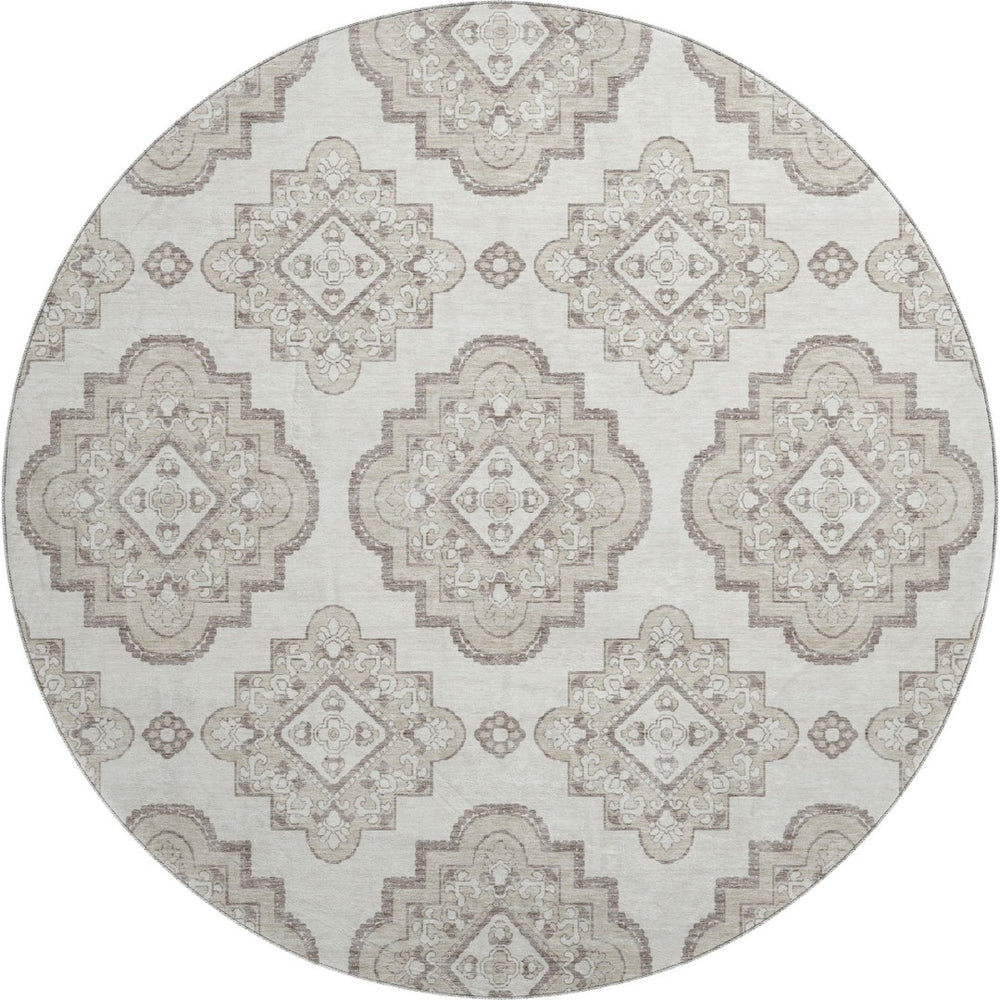 HomeRoots 8' Ivory and Beige Medallion Round Rug - Washable, UV Resistant, Family-Friendly, Stylish Design 669862