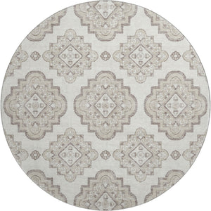 HomeRoots 8' Ivory and Beige Medallion Round Rug - Washable, UV Resistant, Family-Friendly, Stylish Design 669862