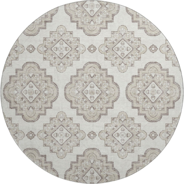 HomeRoots 8' Ivory and Beige Medallion Round Rug - Washable, UV Resistant, Family-Friendly, Stylish Design 669862